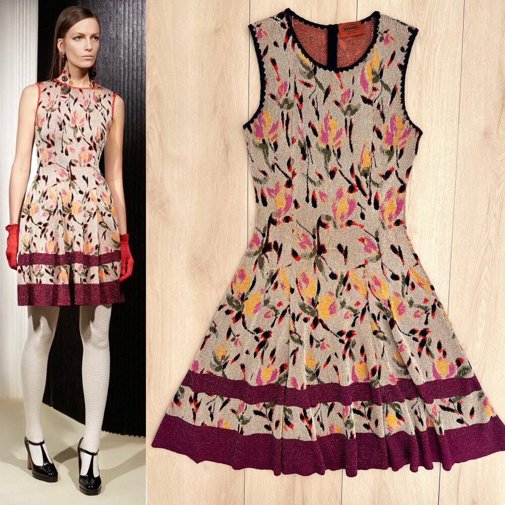 Missoni 2015 Metallic Floral Knit Sleeveless Knee Length Swing Dress US Size 6